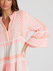 South Beach Pink Jacquard 3/4 Sleeve Tiered Mini Dress - Image 2 of 5