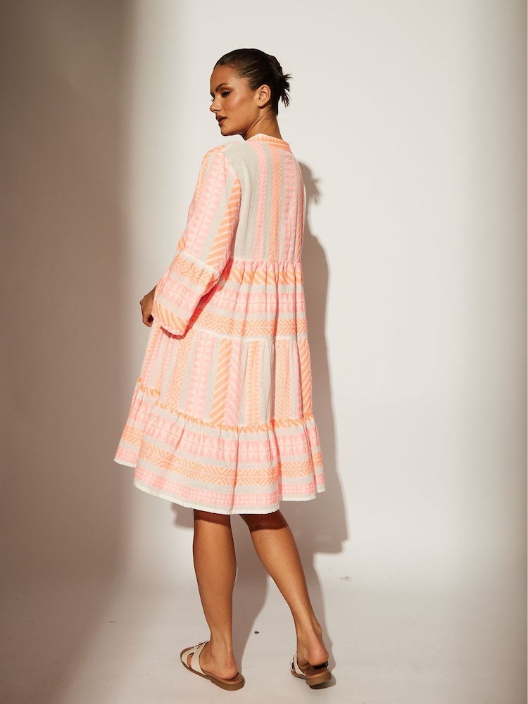 South Beach Pink Jacquard 3/4 Sleeve Tiered Mini Dress - Image 2 of 6 South Beach Pink Jacquard 3/4 Sleeve Tiered Mini Dress - Image 2 of 6