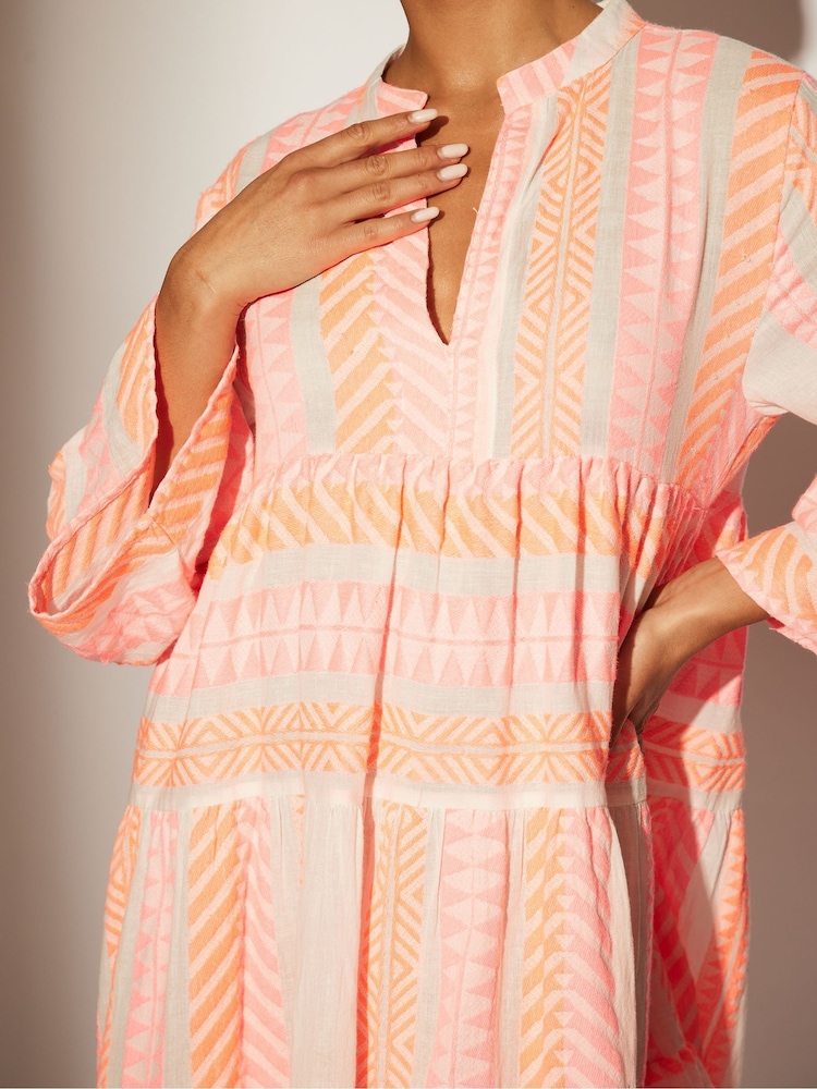 Buy South Beach Pink Jacquard 3/4 Sleeve Tiered Mini Dress from Next USA Buy South Beach Pink Jacquard 3/4 Sleeve Tiered Mini Dress from Next USA