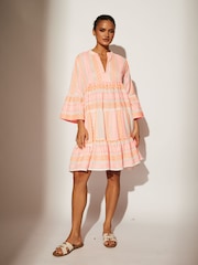 South Beach Pink Jacquard 3/4 Sleeve Tiered Mini Dress - Image 6 of 6