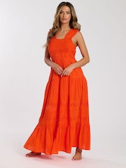 South Beach Orange Palm Broderie Tie Back 100% Cotton Maxi Dress - Image 1 of 4