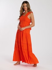 South Beach Orange Palm Broderie Tie Back 100% Cotton Maxi Dress - Image 3 of 4
