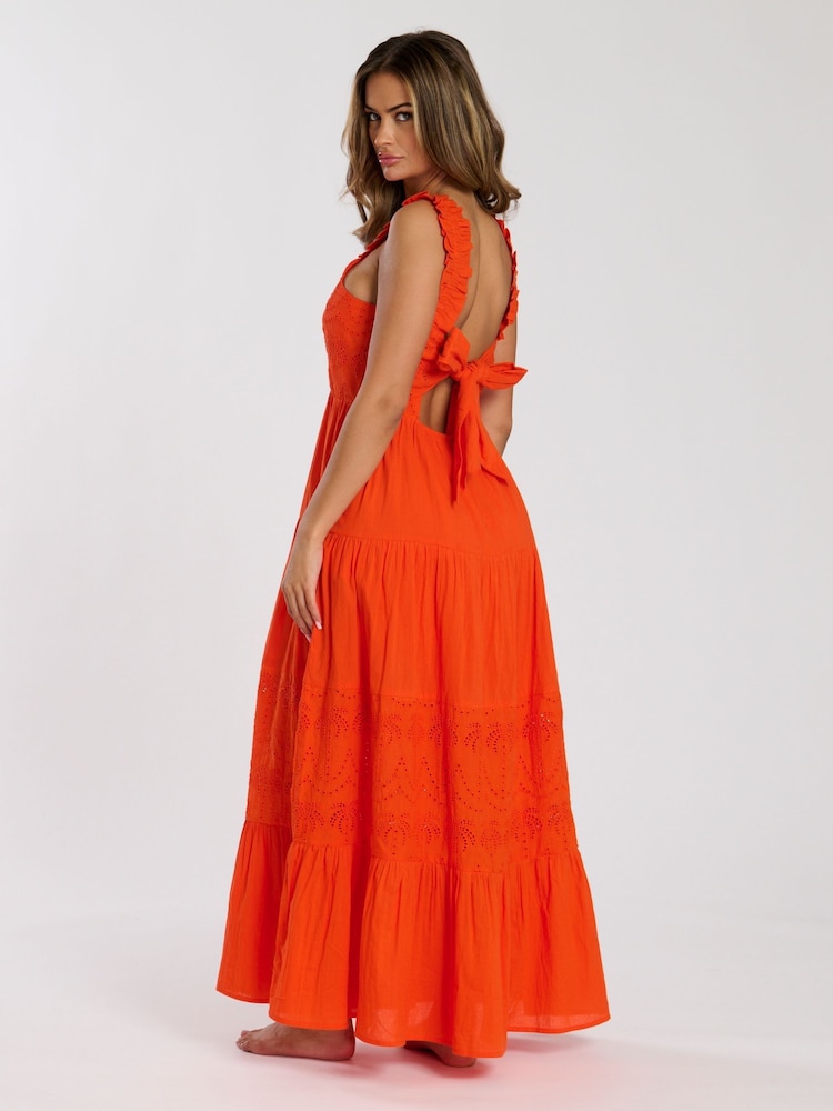 South Beach Orange Palm Broderie Tie Back 100% Cotton Maxi Dress - Image 4 of 4