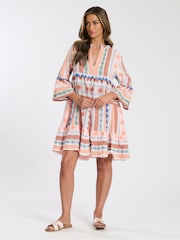 South Beach Orange Jacquard 3/4 Sleeve Tiered Mini Dress - Image 1 of 4