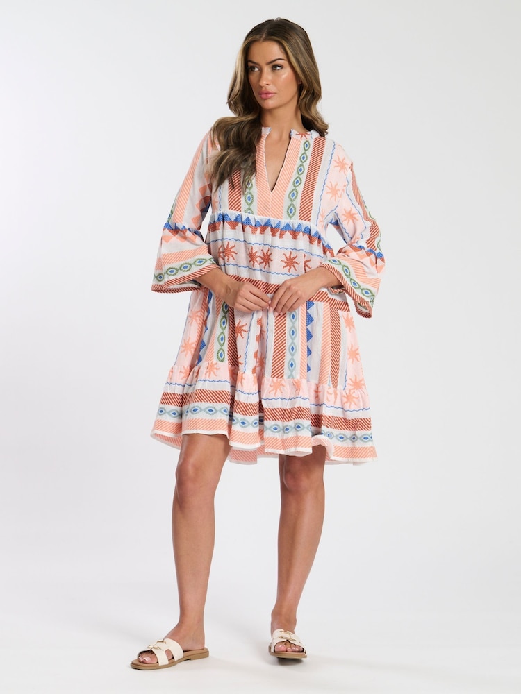 South Beach Orange Jacquard 3/4 Sleeve Tiered Mini Dress - Image 1 of 4