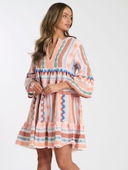 South Beach Orange Jacquard 3/4 Sleeve Tiered Mini Dress - Image 3 of 4