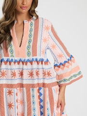 South Beach Orange Jacquard 3/4 Sleeve Tiered Mini Dress - Image 4 of 4