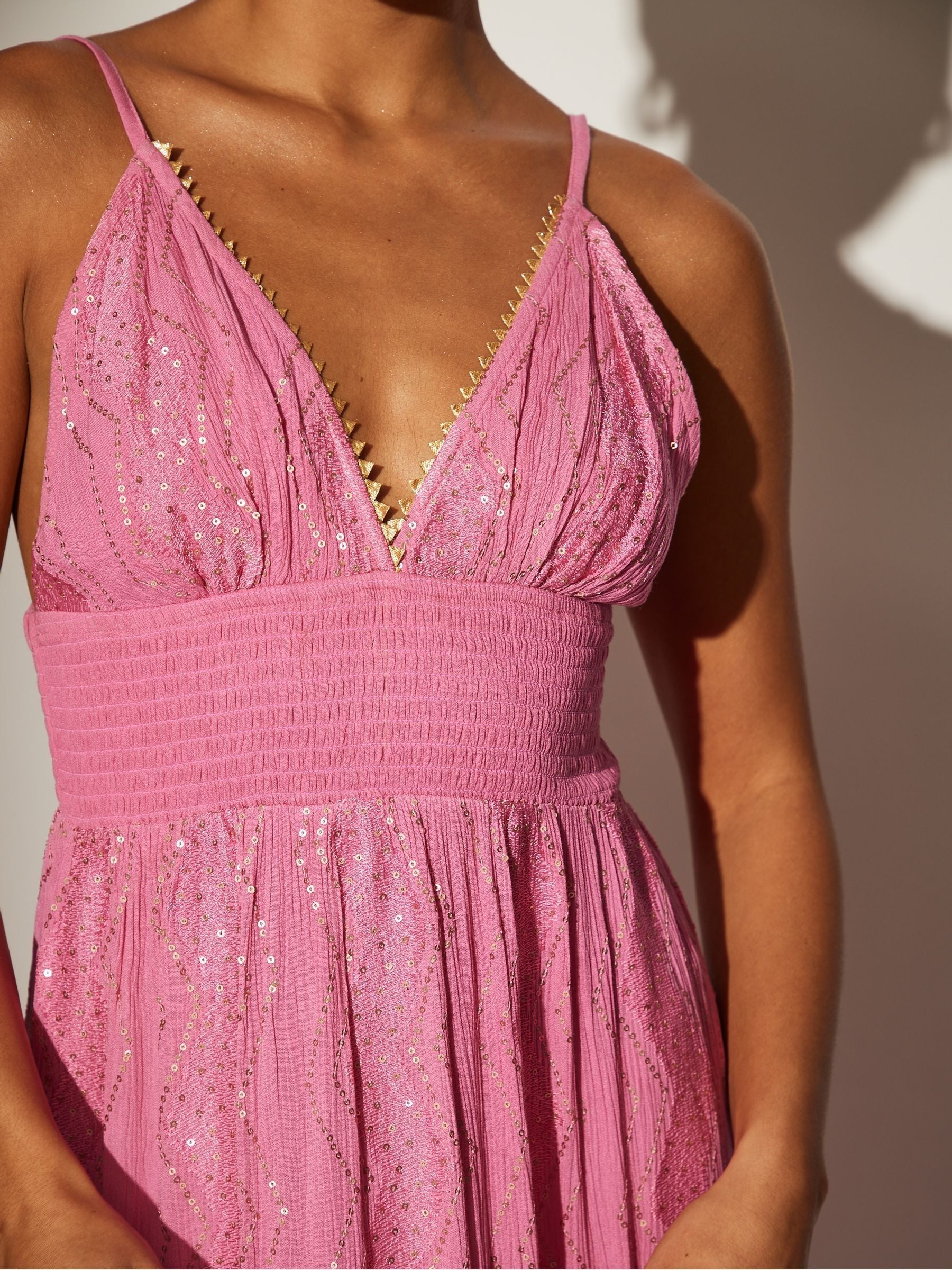 pink sequin cami dress Elegant Plunging Neck Ruched Front Sequin Cami Dress Hot Pink / M