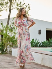 South Beach White Metallic Chiffon Button Detail Midi Dress - Image 1 of 6