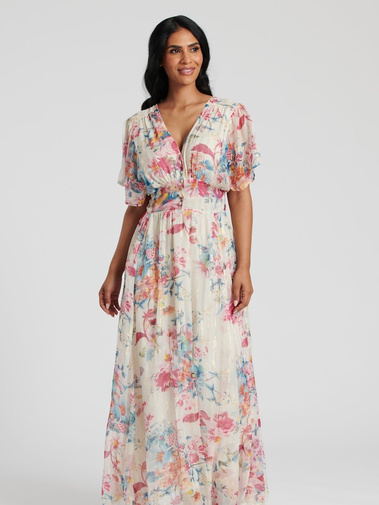 South Beach White Printed Metallic Chiffon Button Detail Midi Dress - Image 4 of 6