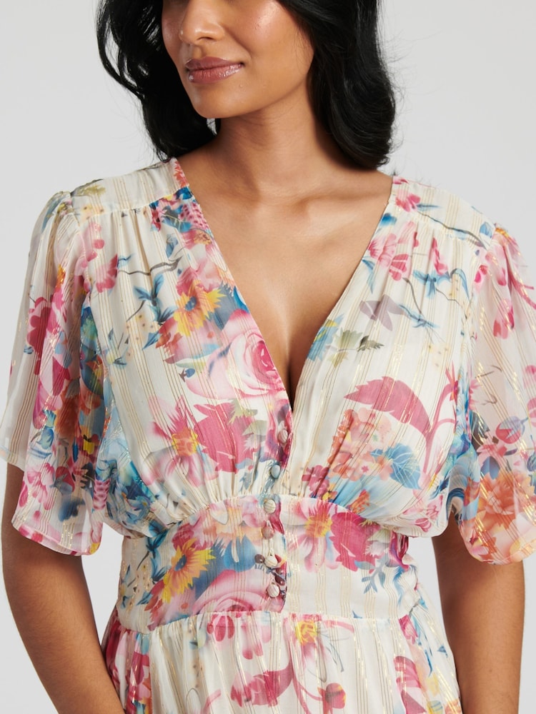 South Beach White Metallic Chiffon Button Detail Midi Dress - Image 6 of 6