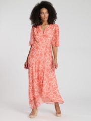 South Beach Orange Printed Short Sleeve Wrap Midi Dress - Image 1 of 4