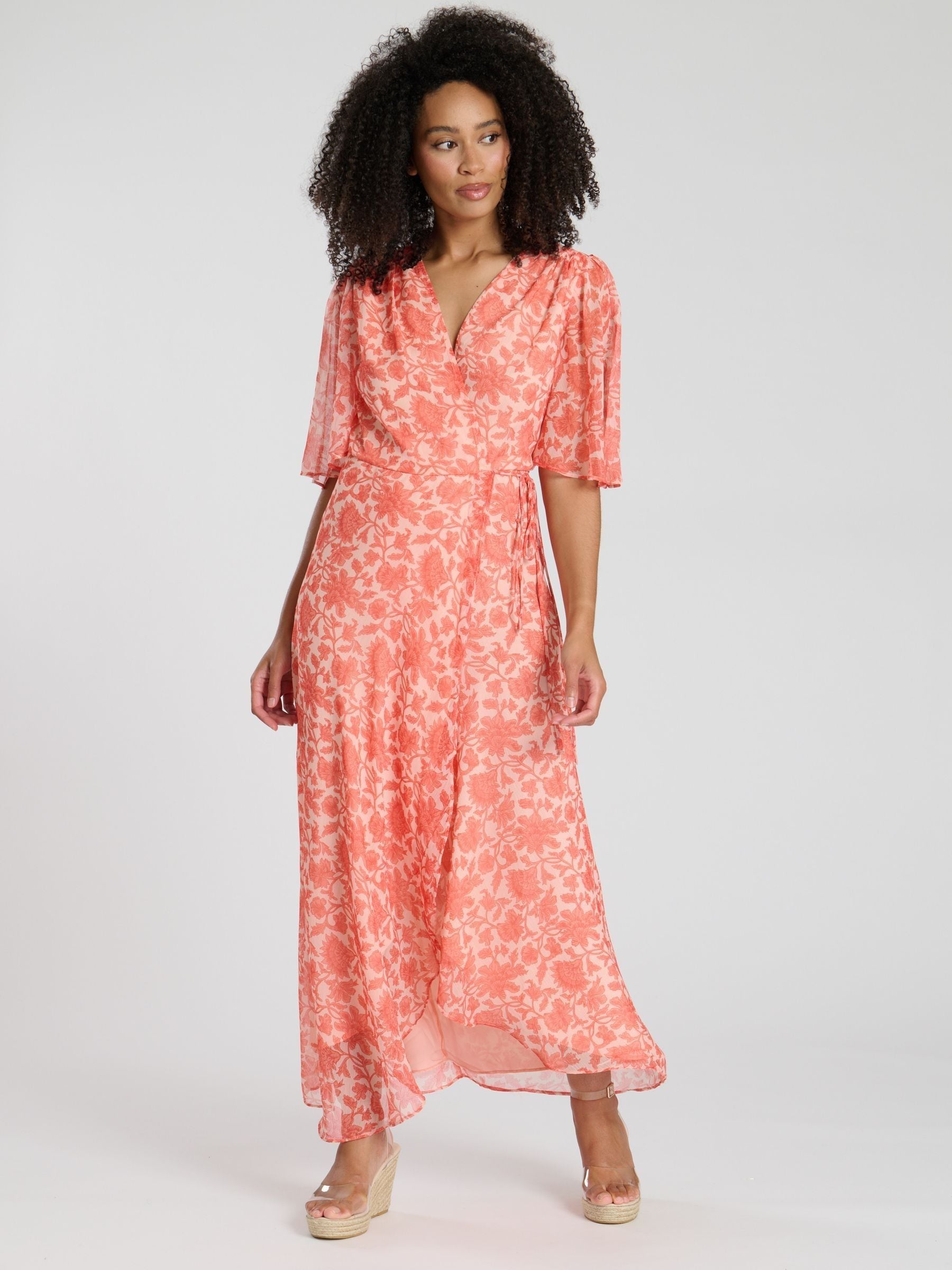 South Beach Women's Orange Printed Short Sleeve Wrap Maxi Dress
