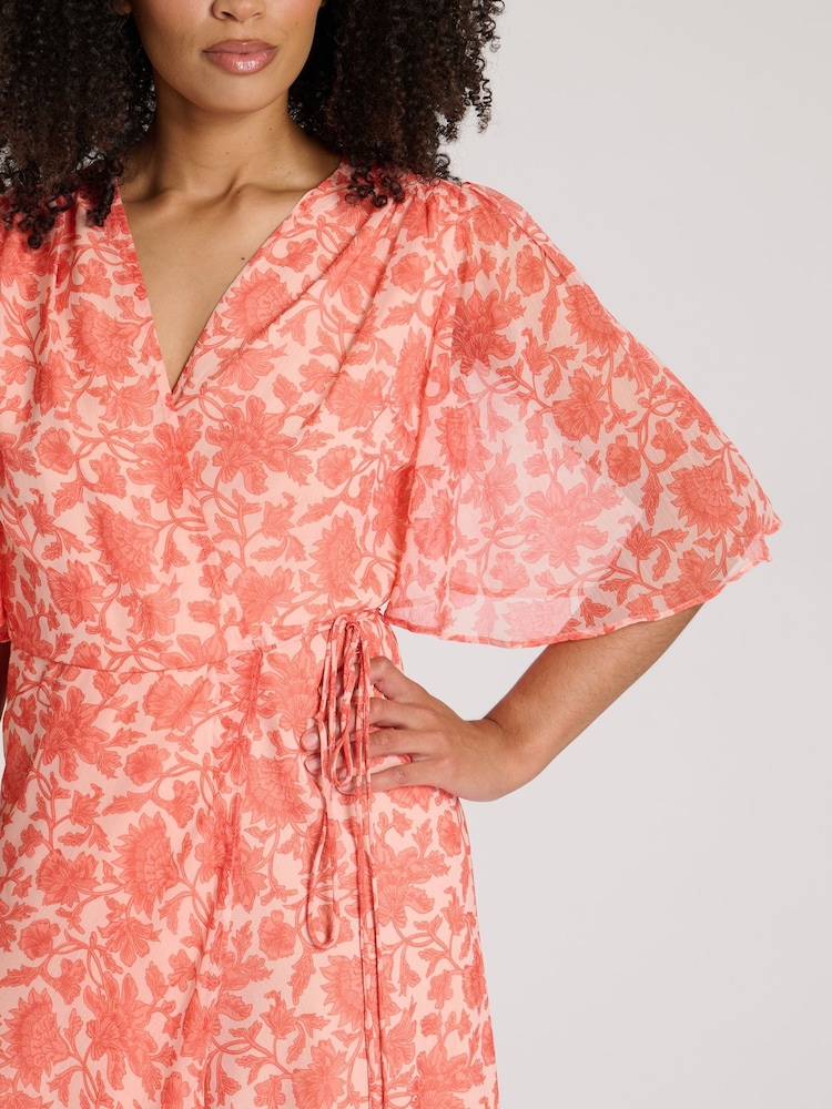 South Beach Orange Printed Short Sleeve Wrap Midi Dress - Image 2 of 4