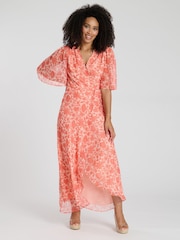 South Beach Orange Printed Short Sleeve Wrap Midi Dress - Image 3 of 4
