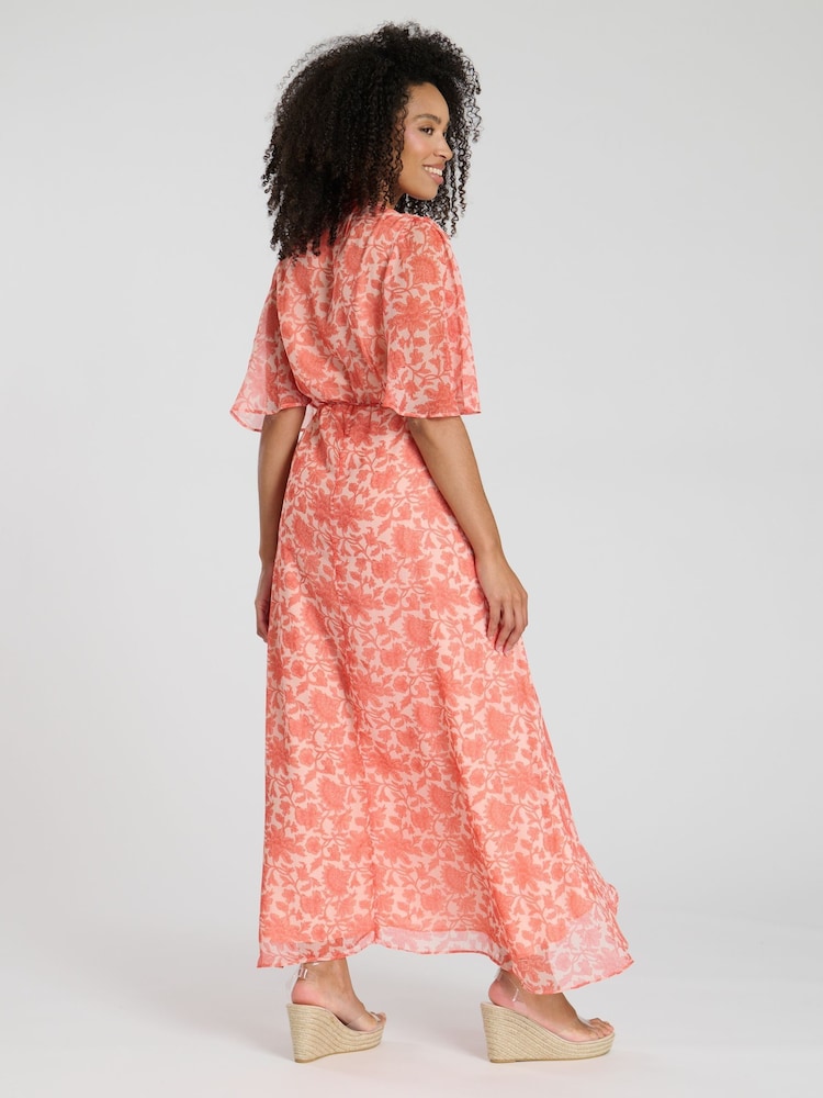 South Beach Orange Printed Short Sleeve Wrap Midi Dress - Image 4 of 4
