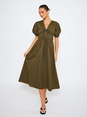 South Beach Green Tie Front Short Sleeve 100% Cotton Midi Dress - Image 1 of 4