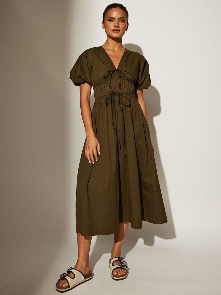South Beach Green Tie Front Short Sleeve 100% Cotton Midi Dress - Image 1 of 5 South Beach Green Tie Front Short Sleeve 100% Cotton Midi Dress - Image 1 of 5
