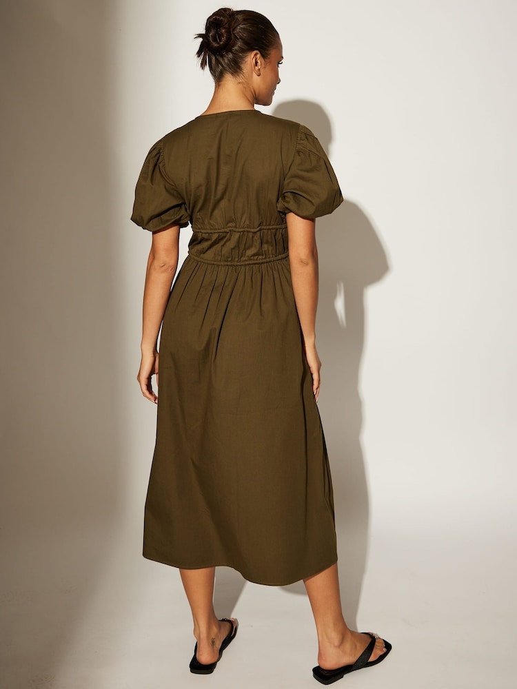 South Beach Green Tie Front Short Sleeve 100% Cotton Midi Dress - Image 2 of 5 South Beach Green Tie Front Short Sleeve 100% Cotton Midi Dress - Image 2 of 5