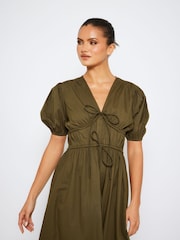 South Beach Green Tie Front Short Sleeve 100% Cotton Midi Dress - Image 3 of 4