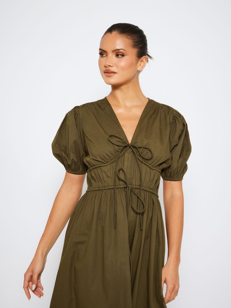 South Beach Green Tie Front Short Sleeve 100% Cotton Midi Dress - Image 3 of 4