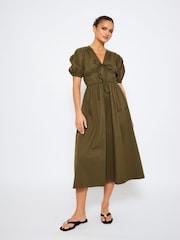 South Beach Green Tie Front Short Sleeve 100% Cotton Midi Dress - Image 4 of 4