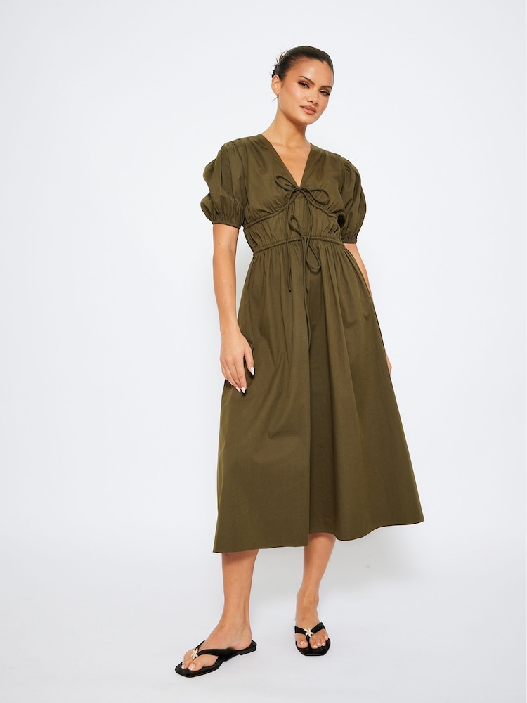South Beach Green Tie Front Short Sleeve 100% Cotton Midi Dress - Image 4 of 4