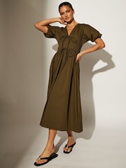 South Beach Green Tie Front Short Sleeve 100% Cotton Midi Dress - Image 5 of 5