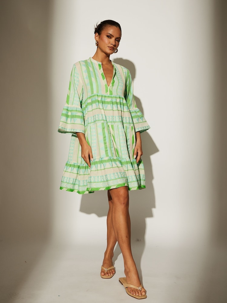 Verde - Rochie mini cu mânecă 3/4 și straturi suprapuse din jacard South Beach - Image 5 of 6