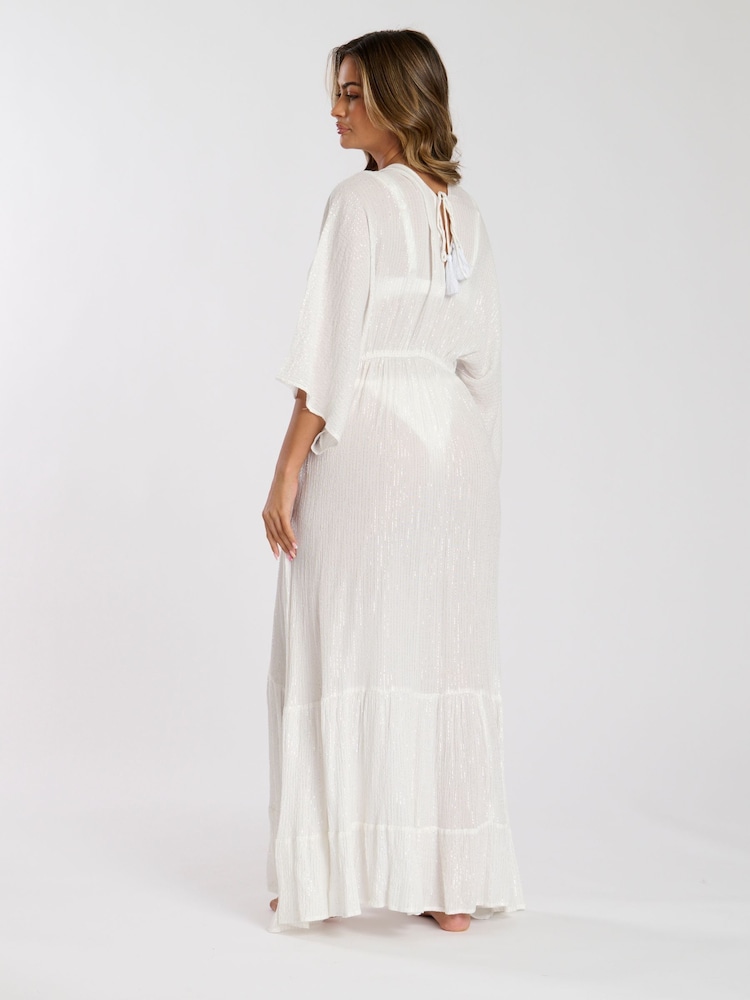 South Beach White Metallic Kimono Sleeve Beach Maxi Dress - Image 2 of 5
