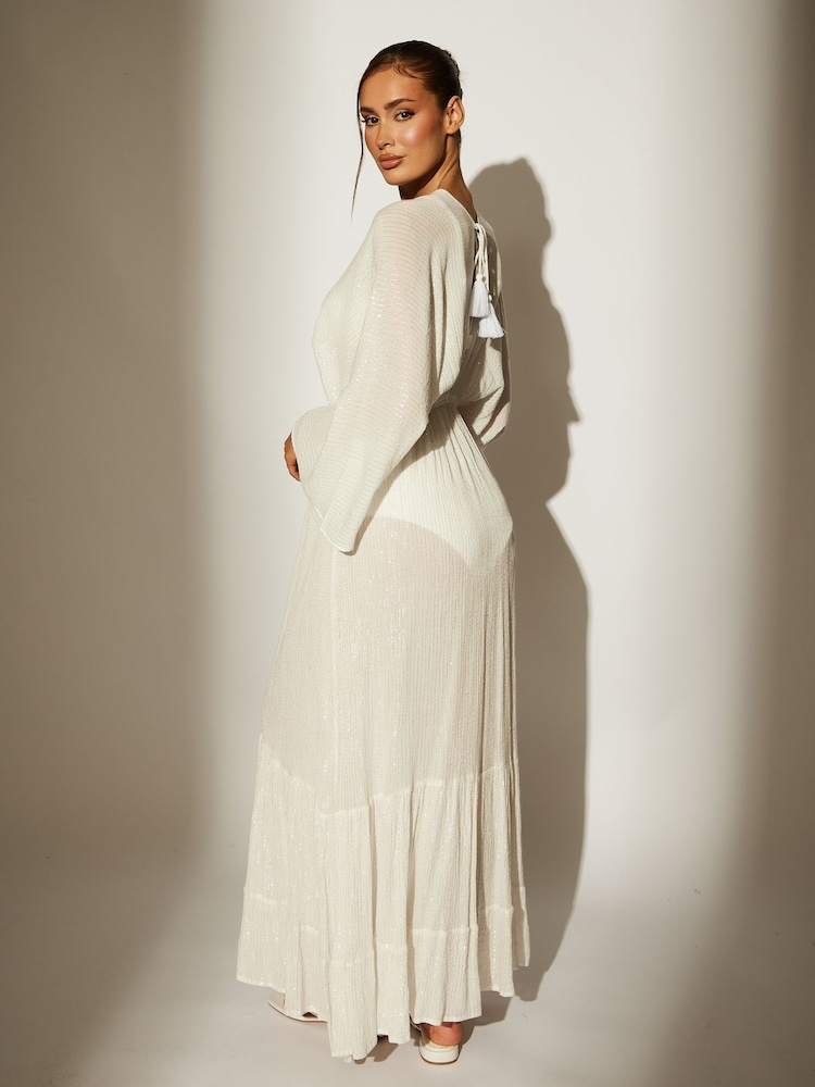 South Beach White Metallic Kimono Sleeve Beach Maxi Dress - Image 2 of 4 South Beach White Metallic Kimono Sleeve Beach Maxi Dress - Image 2 of 4