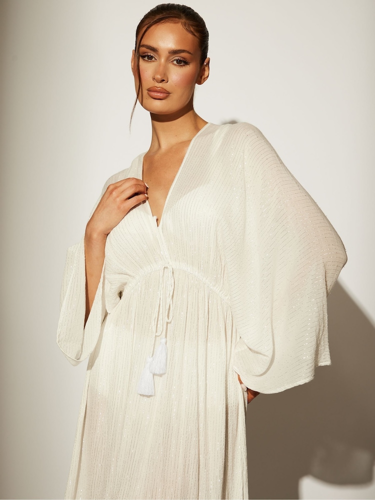 South Beach White Metallic Kimono Sleeve Beach Maxi Dress - Image 3 of 4