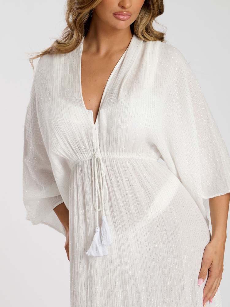 South Beach White Metallic Kimono Sleeve Beach Maxi Dress - Image 5 of 5