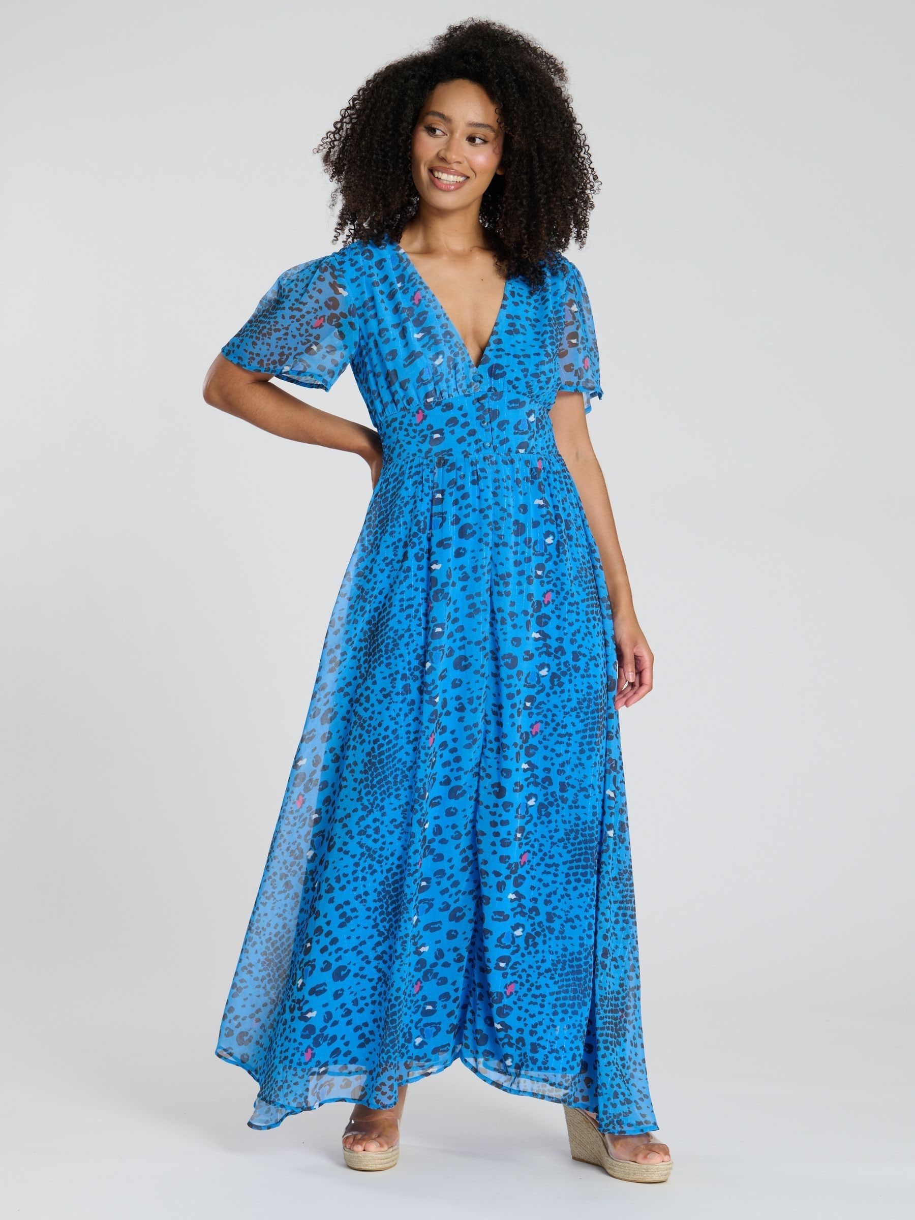 South Beach Women's Blue Leopard Printed Metallic Chiffon Button Detail Maxi Dress
