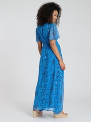 South Beach Blue Printed Metallic Chiffon Button Detail Midi Dress - Image 2 of 4