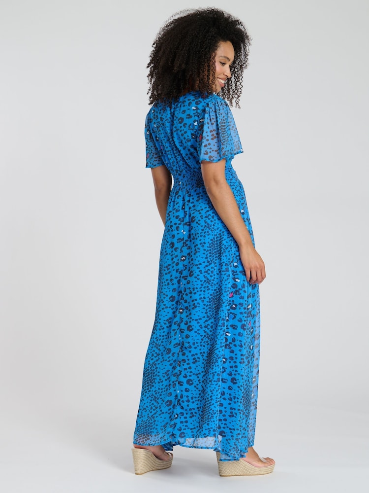 South Beach Blue Printed Metallic Chiffon Button Detail Midi Dress - Image 2 of 4