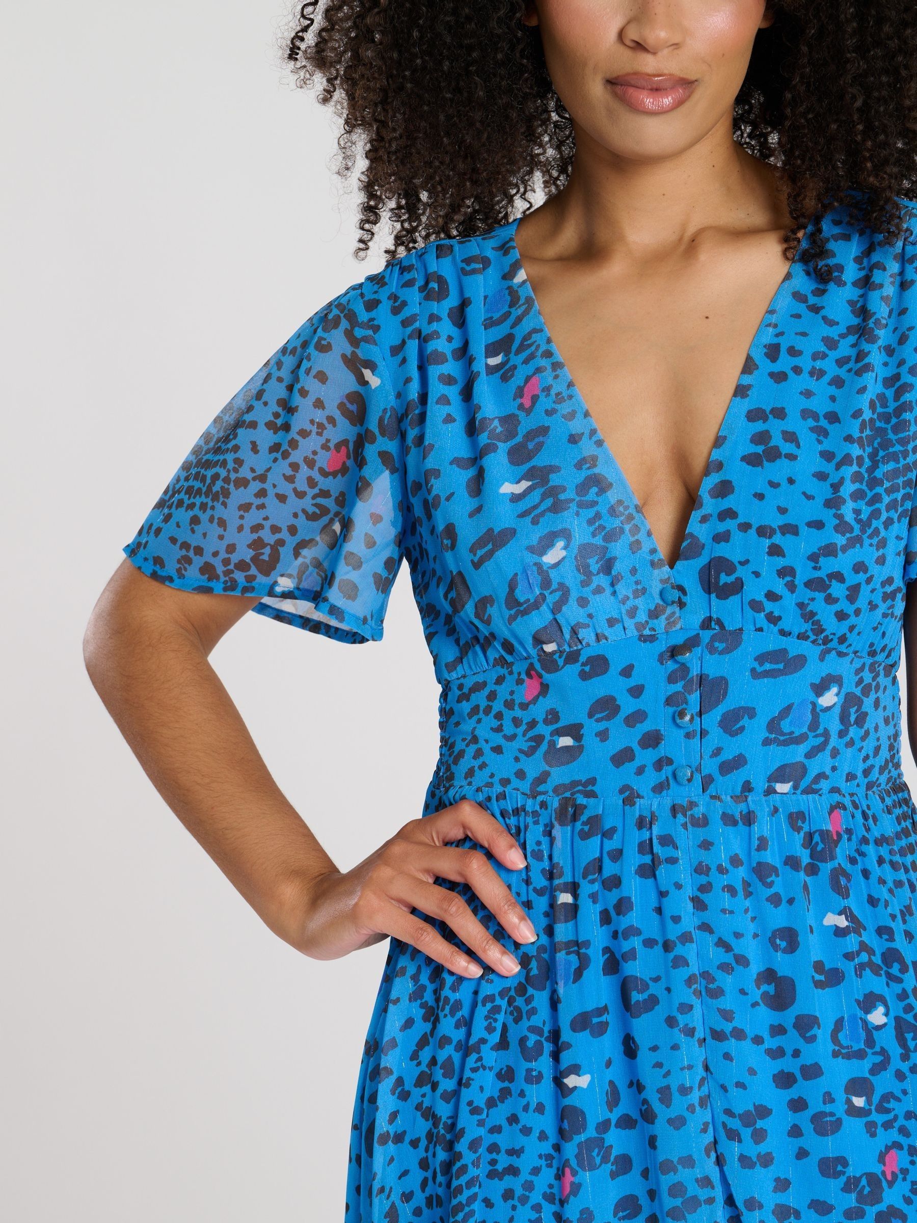 Buy South Beach Blue Leopard Printed Metallic Chiffon Button