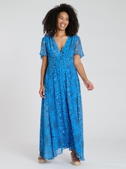 South Beach Blue Printed Metallic Chiffon Button Detail Midi Dress - Image 4 of 4