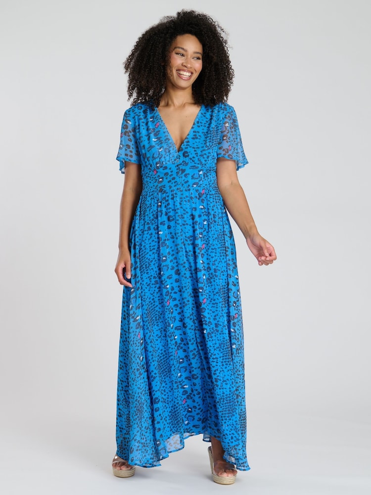 South Beach Blue Printed Metallic Chiffon Button Detail Midi Dress - Image 4 of 4