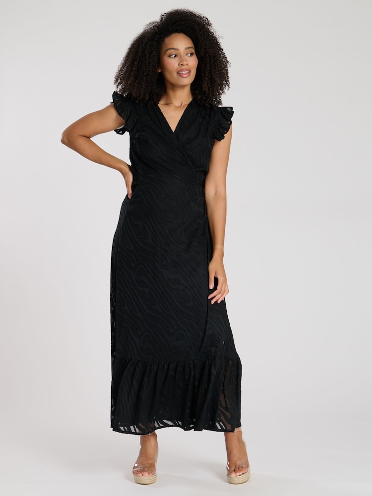 South Beach Black Jacquard Wrap Midi Dress - Image 1 of 4