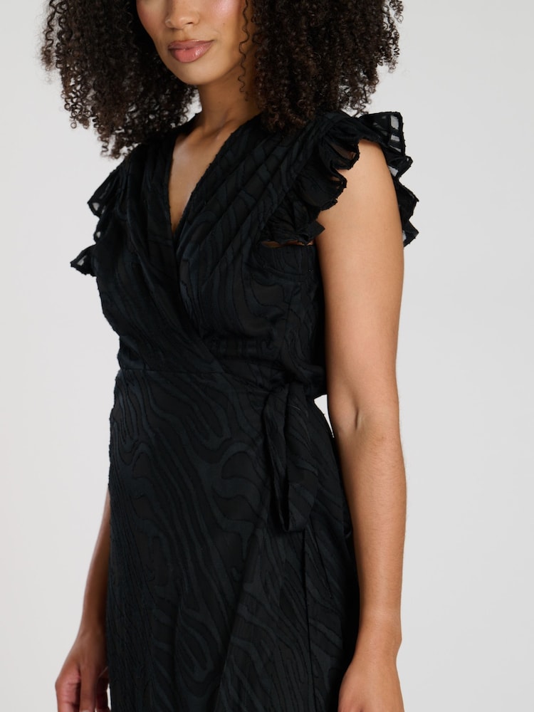 South Beach Black Jacquard Wrap Midi Dress - Image 2 of 4