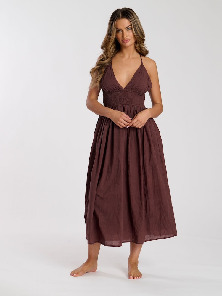 South Beach Brown Halter Neck 100% Cotton Maxi Dress - Image 1 of 5