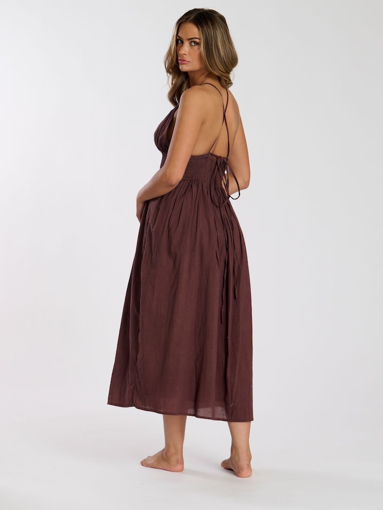 South Beach Brown Halter Neck 100% Cotton Maxi Dress - Image 2 of 5