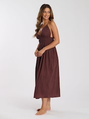 South Beach Brown Halter Neck 100% Cotton Maxi Dress - Image 3 of 5