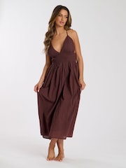 South Beach Brown Halter Neck 100% Cotton Maxi Dress - Image 4 of 5