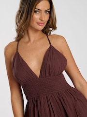 South Beach Brown Halter Neck 100% Cotton Maxi Dress - Image 5 of 5