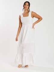 South Beach White Palm Broderie Tie Back 100% Cotton Maxi Dress - Image 1 of 5