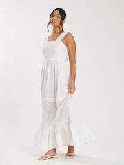 South Beach White Palm Broderie Tie Back 100% Cotton Maxi Dress - Image 2 of 5