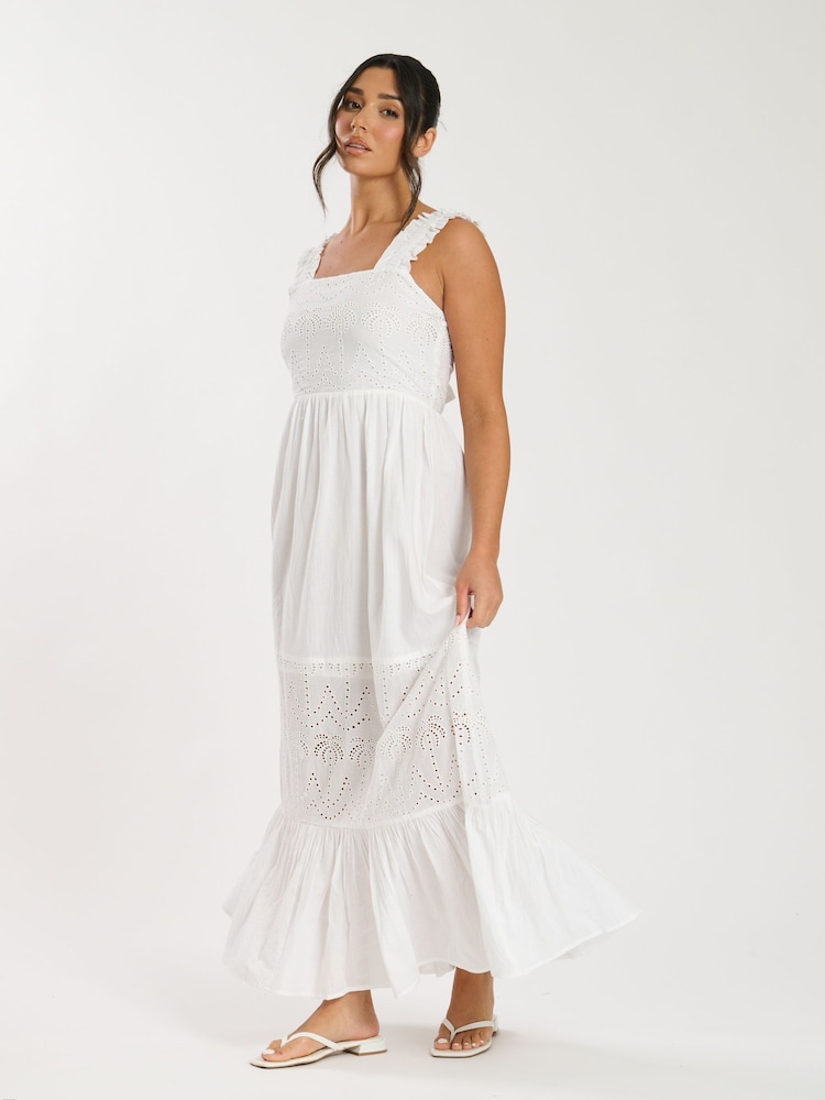 South Beach White Palm Broderie Tie Back 100% Cotton Maxi Dress - Image 2 of 5