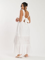 South Beach White Palm Broderie Tie Back 100% Cotton Maxi Dress - Image 3 of 5
